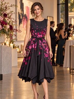 Samuel Dong Black Pink Floral Balloune Dress M Belted Artsy Asymetrical Wedding